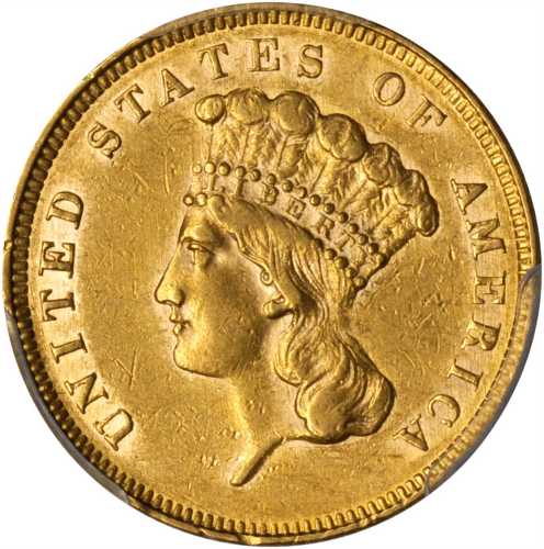 1862 Three-Dollar Gold Piece. AU-55 (PCGS).