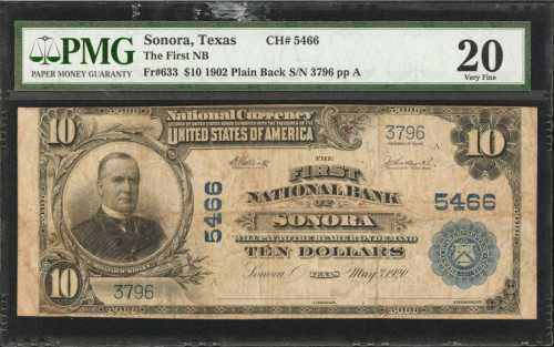 Sonora, Texas. $10 1902 Plain Back. Fr. 633. The First NB. Charter #5466. PMG Very Fine 20.