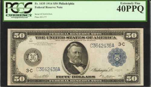 Fr. 1035. 1914 $50 Federal Reserve Note. Philadelphia. PCGS Extremely Fine 40 PPQ.