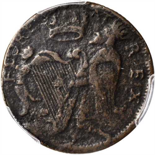 Undated (ca.1663-1672) St. Patrick Halfpenny. Vlack 5-D, W-11540. Copper. Reeded Edge. VF Details--E