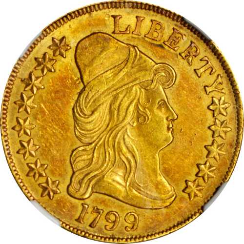 1799 Capped Bust Right Eagle. BD-10, Taraszka-22. Rarity-3. Large Obverse Stars. AU Details--Obverse