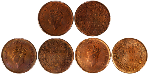 印度辅币1/4安娜3枚一组，包括1939，40及41年，分别评PCGS MS64RB,MS65RB及MS65RB