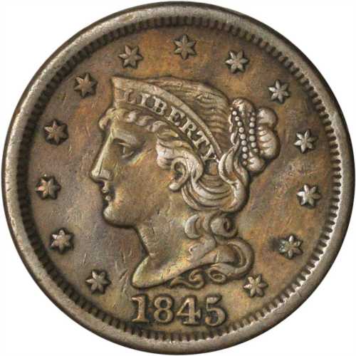 Lot of (5) 1845 Braided Hair Cents.