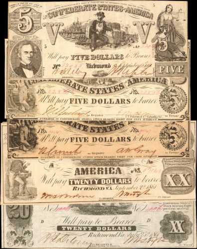 Confederate Currency. Lot of (5) 1861 Notes. Very Fine or Better.