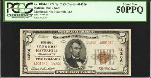 Haverhill, Massachusetts. $5 1929 Ty. 2. Fr. 1800-2. Merrimack NB. Charter #14266. PCGS About New 50