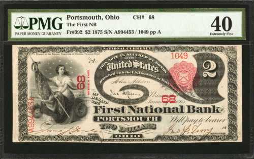 Portsmouth, Ohio. $2 1875. Fr. 392. The First NB. Charter #68. PMG Extremely Fine 40.