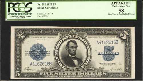Fr. 282. 1923 $5 Silver Certificate. PCGS Choice About New 58. Apparent. Edge Tear at Top Right of C