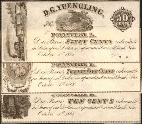 Pottsville, Pennsylvania. D.G. Yuengling. October 1, 1862. 10c, 25c, 50c. About Uncirculated. Lot of