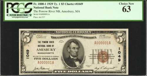 Amesbury, Massachusetts. $5 1929 Ty. 1. Fr. 1800-1. The Powow River NB. Charter #1049.2. PCGS Choice