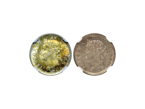 1900年香港五仙银币，KM 5，NGC MS65；1901年香港五仙银币，NGC AU58。共2枚