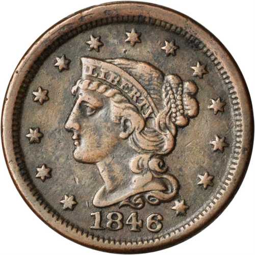 1846 Braided Hair Cent. N-3. Rarity-2. Small Date. VF-20 Environmental Damage.