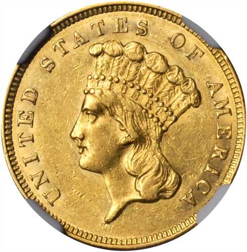 1859 Three-Dollar Gold Piece. AU-58 (NGC).