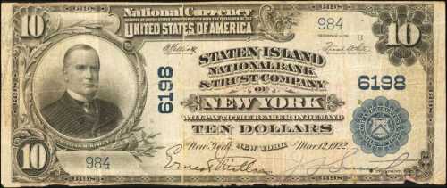 Staten Island, New York. $10 1902 Plain Back. Fr. 634. The Staten Island NB & TC. Charter #6198. Fin