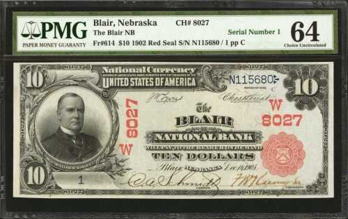 Blair, Nebraska. $10 1902 Red Seal. Fr. 614. The Blair NB. Charter #8027. PMG Choice Uncirculated 64