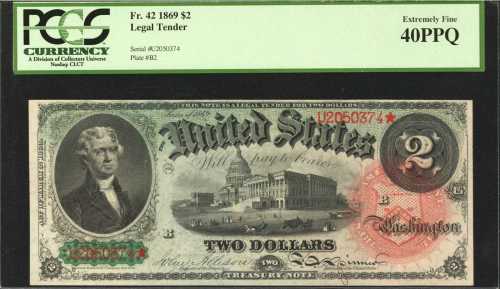 Fr. 42. 1869 $2 Legal Tender Note. PCGS Extremely Fine 40 PPQ.