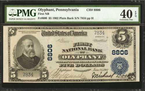 Olyphant, Pennsylvania. $5 1902 Plain Back. Fr. 600. First NB. Charter #8806. PMG Extremely Fine 40 