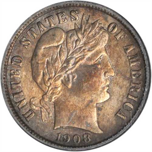 1908 Barber Dime. MS-62 (PCGS).
