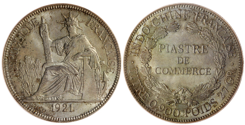 1921年法属安南银币1元，PCGS MS64+,有金黄包浆的高评级币