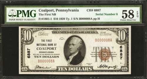 Coalport, Pennsylvania. $10 1929 Ty. 1. Fr. 1801-1. The First NB. Charter #6887. PMG Choice About Un
