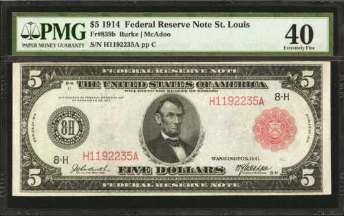 Fr. 839b. 1914 $5 Federal Reserve Note. St. Louis. Red Seal. PMG Extremely Fine 40.