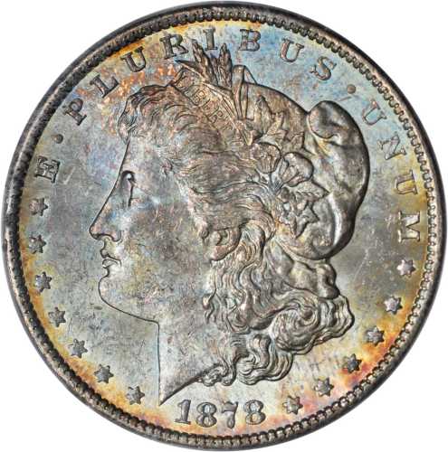 1878 Morgan Silver Dollar. 7 Tailfeathers. Reverse of 1879. VAM-221. MS-62 (ANACS).