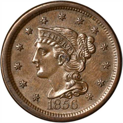1856 Braided Hair Cent. N-3. Rarity-1. Slanting 5. MS-60 BN.