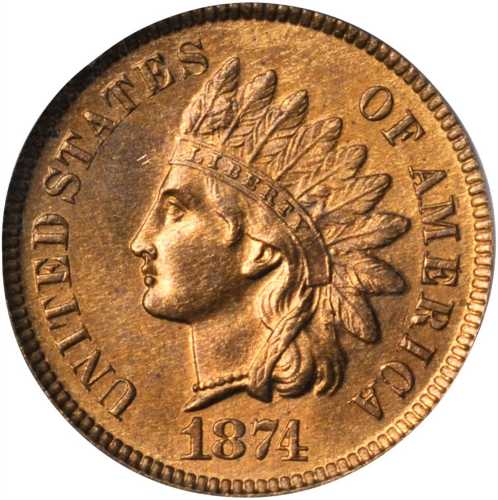 1874 Indian Cent. MS-65 RB (PCGS). CAC.