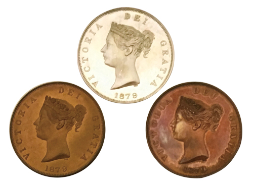 1879年英国维多利亚女王银质、青铜质、铜质，后铸品，共3枚