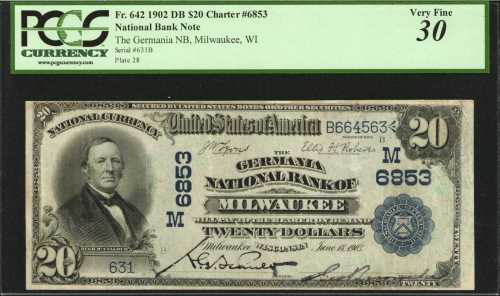 Milwaukee, Wisconsin. $20 1902 Date Back. Fr. 642. The Germania NB. Charter #6853. PCGS Very Fine 30