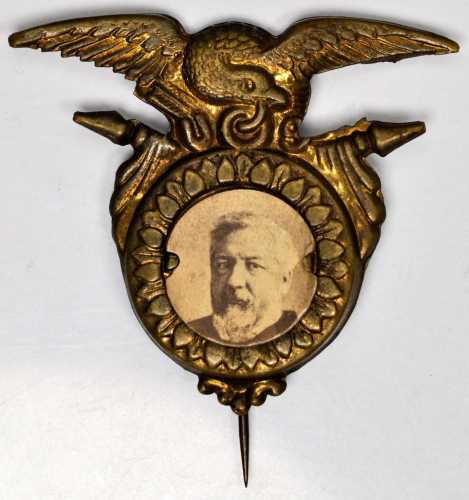 Pair of scarce 1884 James Blain portrait pins and one portrait on card.