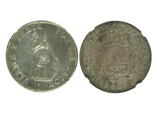 1834年秘鲁1827年8 Reals 银币(加盖菲律宾)，NGC VF Details。Ray Czahor藏品