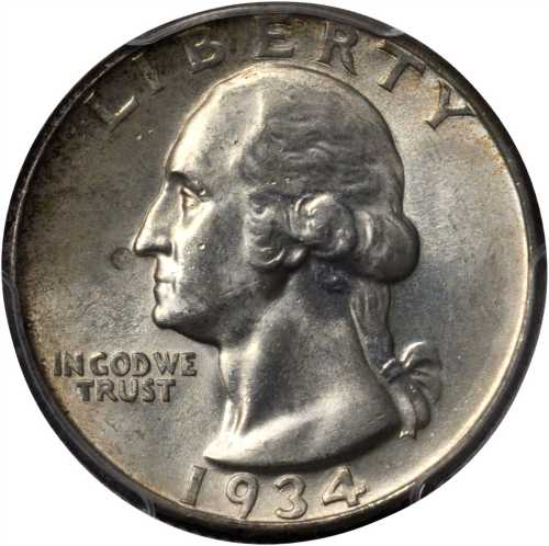 1934-D Washington Quarter. Heavy Motto. MS-64 (PCGS).