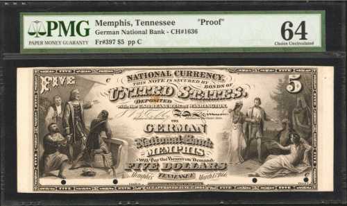 Memphis, Tennessee. $5 Original. Fr. 397p. The German NB. Charter #1636. PMG Choice Uncirculated 64.