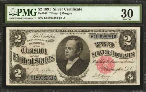 Fr. 246. 1891 $2 Silver Certificate. PMG Very Fine 30.