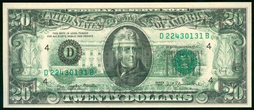 1977年美国20元错体，编号D224301318，票背图案印于票面，UNC