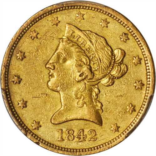 1842 Liberty Head Eagle. Large Date, Crosslet 4. AU-50 (PCGS).