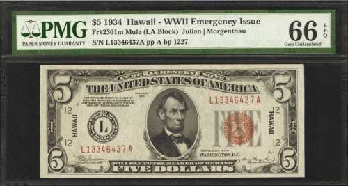 Fr. 2301m. 1934 $5 Hawaii Emergency Note. PMG Gem Uncirculated 66 EPQ.