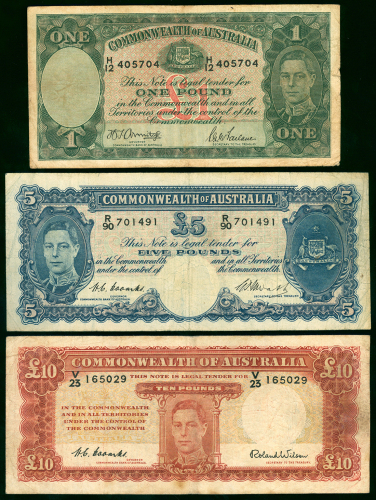 1940-1950年代澳大利亚银行银行钞票3枚一组，面额1镑丶5镑及10镑，有黄，AVF或更佳品相