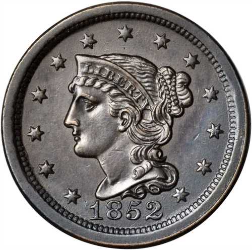 1852 Braided Hair Cent. N-20. Rarity-3. MS-60 Environmental Damage.