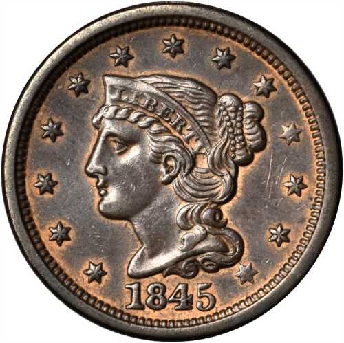 1845 Braided Hair Cent. N-15. Rarity-4. AU-55.