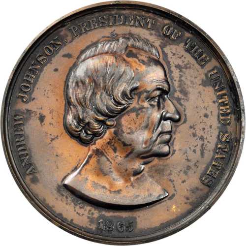 1865 Andrew Johnson Indian Peace Medal. Large Format. Bronze. 76 mm. By Anthony C. Paquet. Julian IP