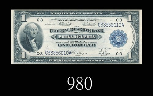 1914年美国费城联邦储备银行1元。八成新U.S.A.: Federal Reserve Bank of Philadelphia $1, s/n C33356010A. EF