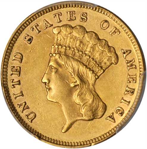 1867 Three-Dollar Gold Piece. AU-55 (PCGS).