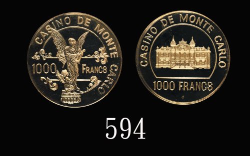 蒙地卡罗赌场镀金代用币1000法郎。未使用Casino de Monte Carlo Gold Plated Token 1000 Francs. Choice UNC