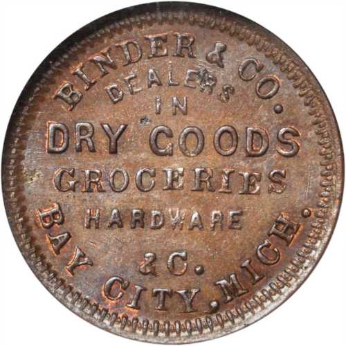 Michigan--Bay City. 1863 Binder & Co. Fuld-065A-1a. Rarity-4. Copper. 19 mm. MS-65 BN (NGC).