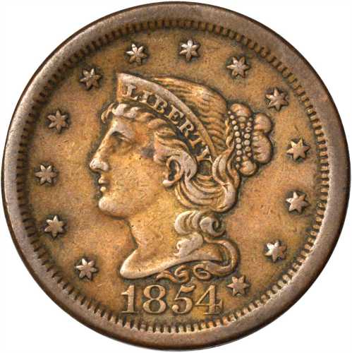 Lot of (5) 1854 Braided Hair Cents.
