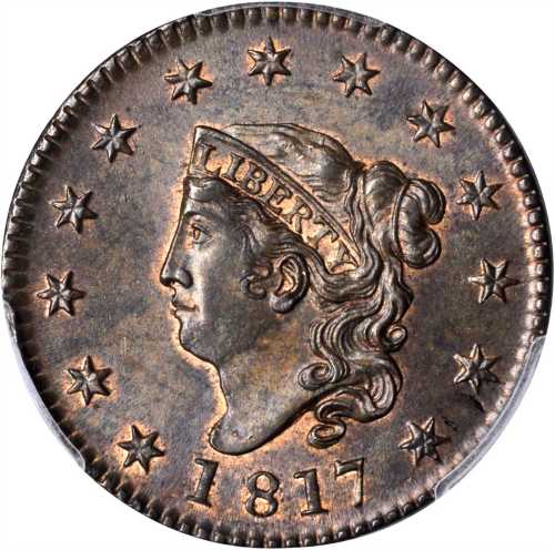 1817 Matron Head Cent. N-11. Rarity-1. 13 Stars. MS-64 RB (PCGS).