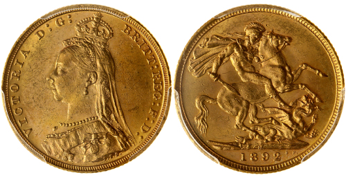 1892－M英国金币，墨尔本造币厂铸，PCGS MS61