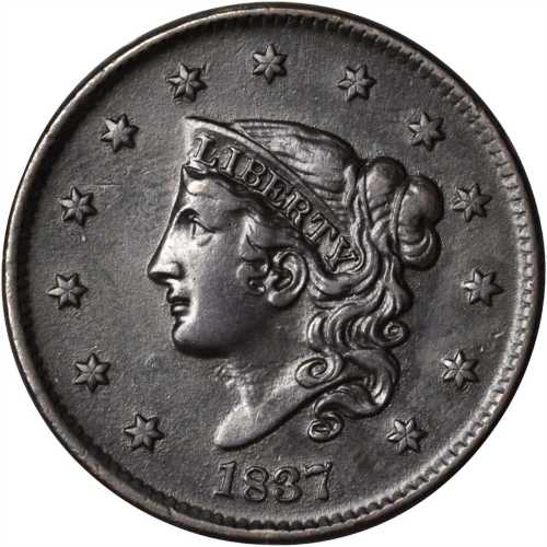 1837 Modified Matron Head Cent. N-3. Rarity-1. Plain Cord, Medium Letters. EF-40 Environmental Damag