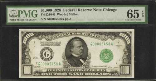 Fr. 2210-G. 1928 $1000 Federal Reserve Note. Chicago. PMG Gem Uncirculated 65 EPQ.